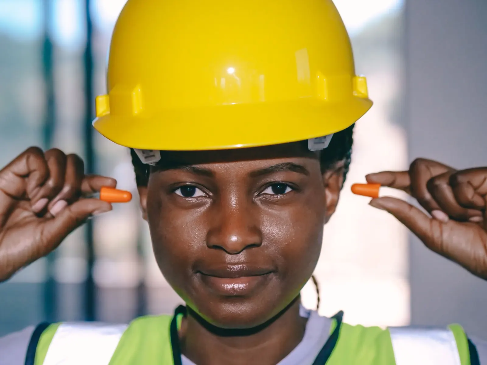 Worker in a yellow hard hat and hi-vis vest holding up hearing-protection earplugs